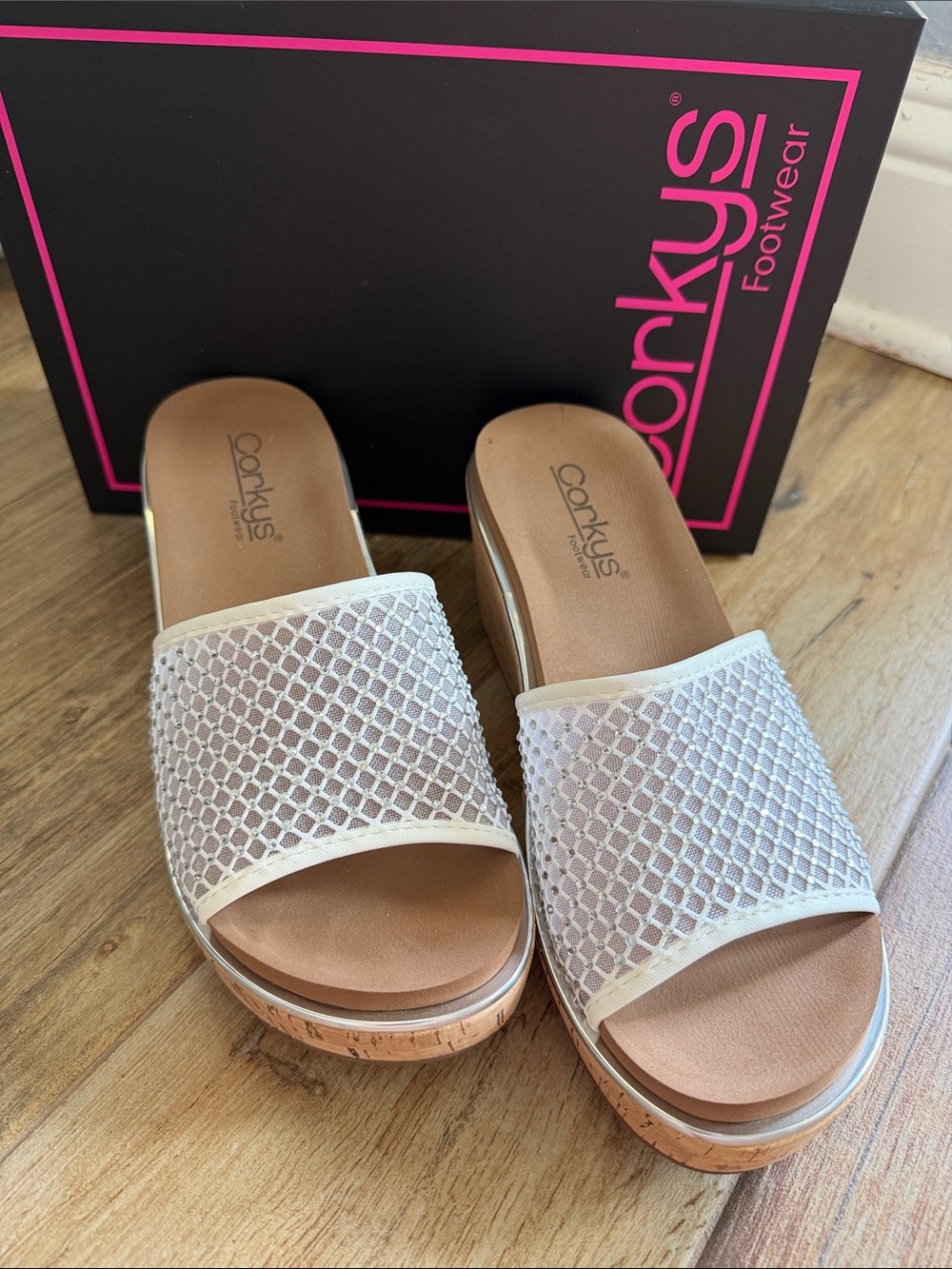 Corkys White Mesh Slide Clogs with Cork-Effect Platform